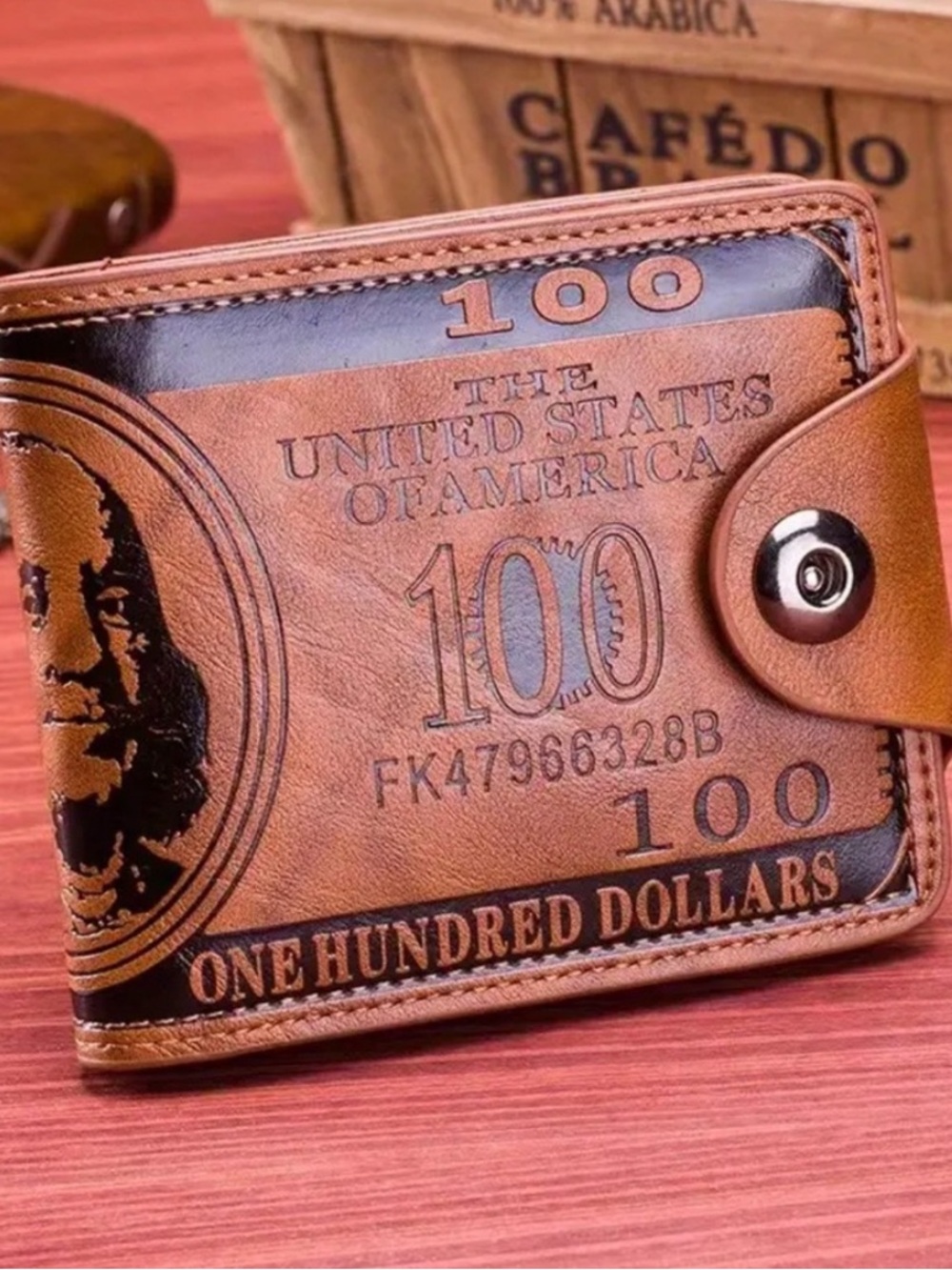 US Dollar Print Trifold Leather Wallet - Brown